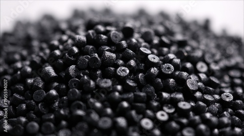 Close-up of a Pile of Black Plastic Pellets for Industrial Manufacturing and Recycling