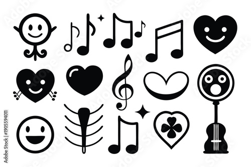 set of musical notes and symbols silhouette line art vector illustration with a white background