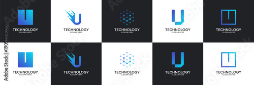 Set of modern initial letter U tech logo. Abstract  icon for technology, internet, digital.