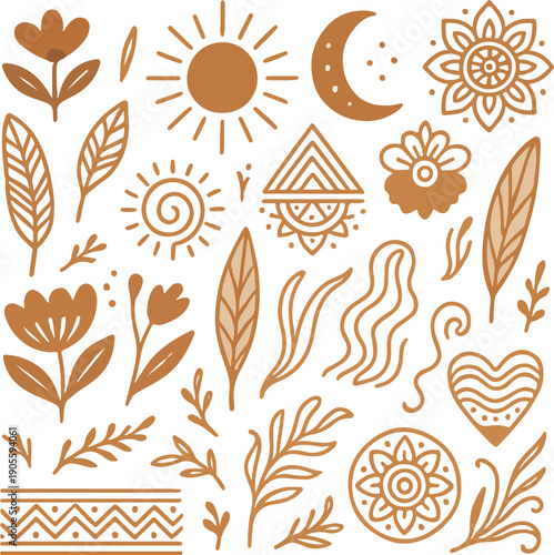 Copper Doodle Floral and Celestial Sketches for Boho Nature and Design