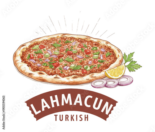 Delicious Turkish Lahmacun Flatbread with Minced Meat Tomatoes Onions Parsley and Lemon Slice