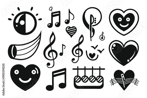 set of musical notes and symbols silhouette line art vector illustration with a white background