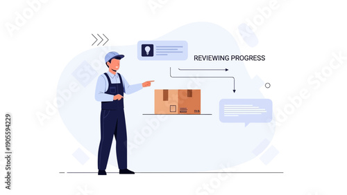 Delivery worker reviewing package progress on digital interface, logistics concept