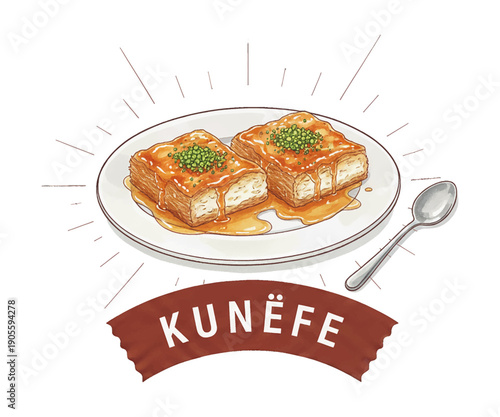 Tasty Kunefe sweet pastries with golden syrup and crushed pistachios served on a plate with a spoon