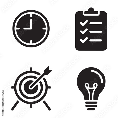 Work discipline goal achievement productivity silhouette vector illustration with target success icon