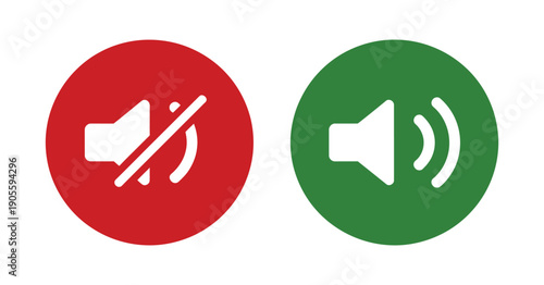 Volume Sound And Mute Icon Vector Illustration Displayed On Red And Green Flat Buttons