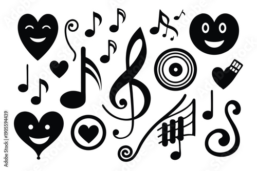 set of musical notes and symbols silhouette line art vector illustration with a white background