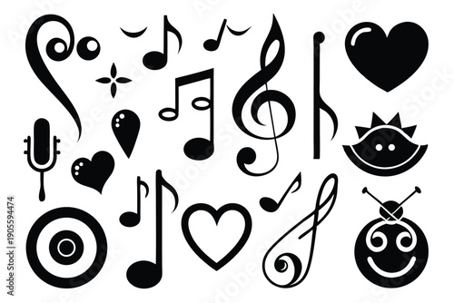 set of musical notes and symbols silhouette line art vector illustration with a white background