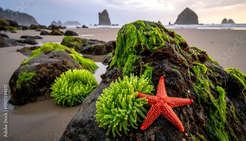 Vibrant starfish resting on a mossy rock by the sea under cloudy skies. Rocks jut from ocean background