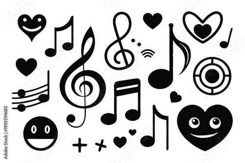 set of musical notes and symbols silhouette line art vector illustration with a white background