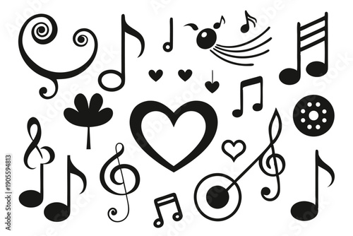 set of musical notes and symbols silhouette line art vector illustration with a white background