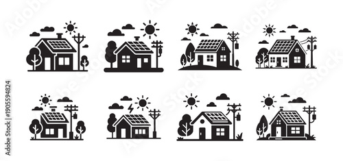 Eco-friendly solar house icons. Solar power house black vector eps 10