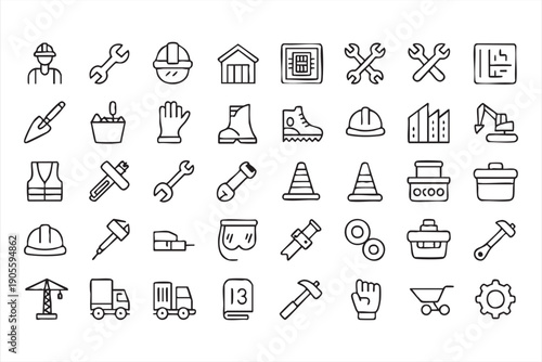 Black and White Building Equipment Outline Icons for Contractors