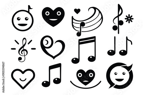 set of musical notes and symbols silhouette line art vector illustration with a white background