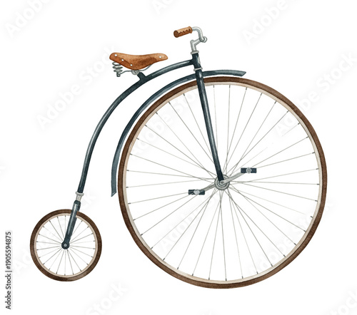 Vintage high wheel bicycle watercolor illustration classic Penny farthing bike