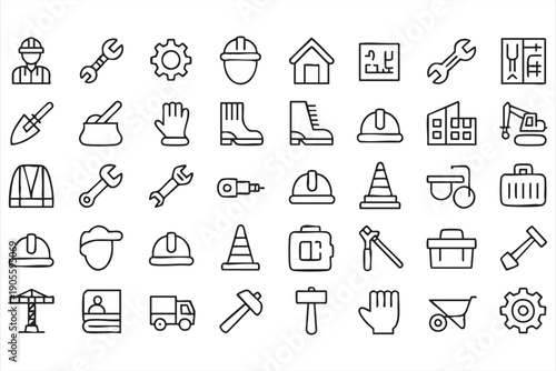Contractor and Building Project Outline Icons for Management