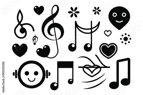 set of musical notes and symbols silhouette line art vector illustration with a white background
