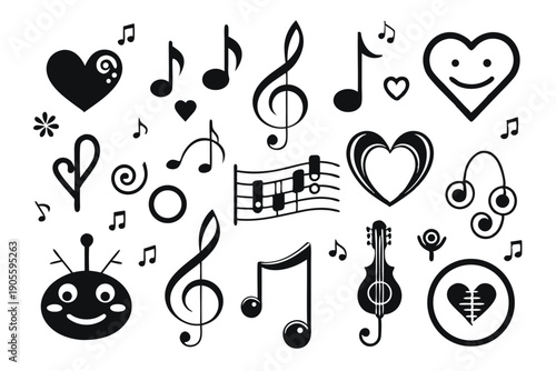 set of musical notes and symbols silhouette line art vector illustration with a white background