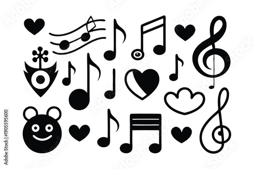 set of musical notes and symbols silhouette line art vector illustration with a white background