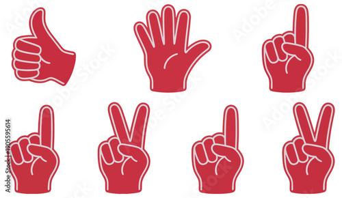 Red Foam Hand Gestures Vector Design Showing Different Finger Counts And Thumbs Up, Isolated On White Background For Sports Fans, Team Spirit, And Victory Concept.