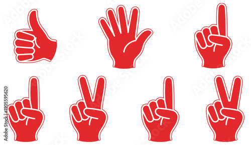 Red Foam Hand Gestures Vector Design Showing Different Finger Counts And Thumbs Up, Isolated On White Background For Sports Fans, Team Spirit, And Victory Concept.