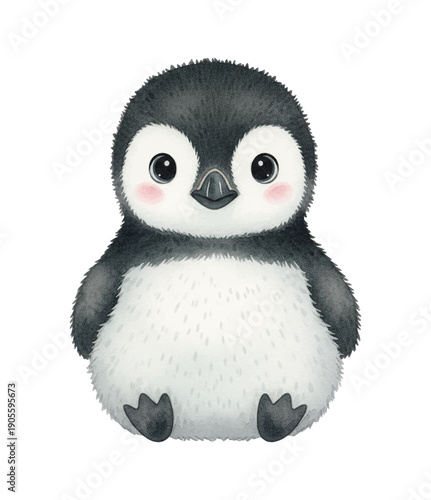 Adorable baby penguin sitting peacefully with wide innocent eyes and rosy cheeks in a sweet watercolor illustration