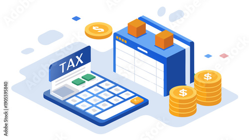 Tax calculator illustration with calendar, stacks of coins, and dollar symbols representing financial planning and tax preparation in a modern digital style