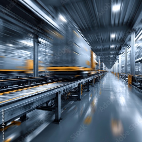 Industrial Warehouse with Conveyors and Moving Cargo in Blur