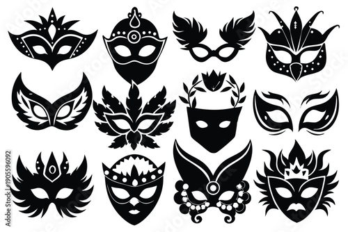 set of masquerade silhouette line art vector illustration with a white background