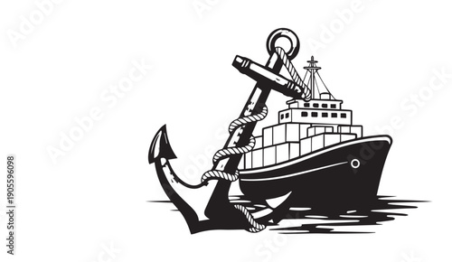 Cargo Ship and Anchor Illustration - Nautical Maritime Theme