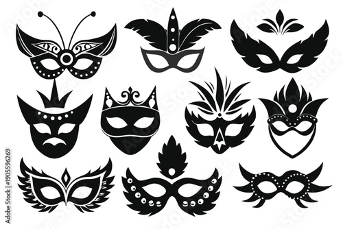 set of masquerade silhouette line art vector illustration with a white background
