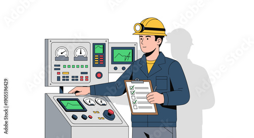Industrial Worker Operating Control Panel.