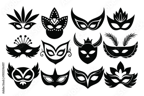 set of masquerade silhouette line art vector illustration with a white background