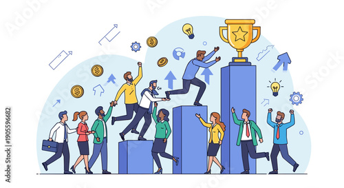 People Climbing Pillar to Golden Trophy.