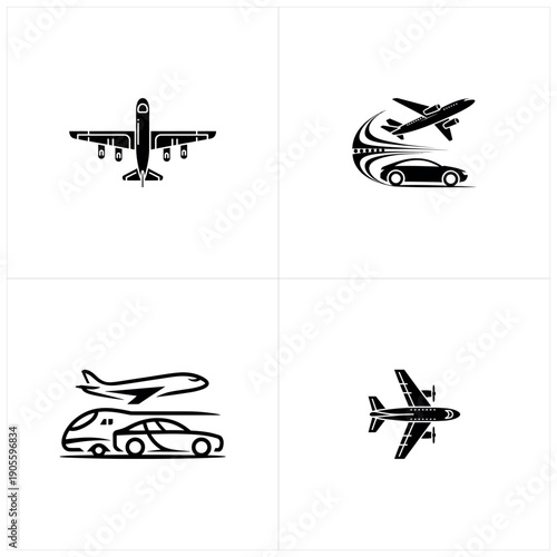 Four black and white of airplanes and cars transportation