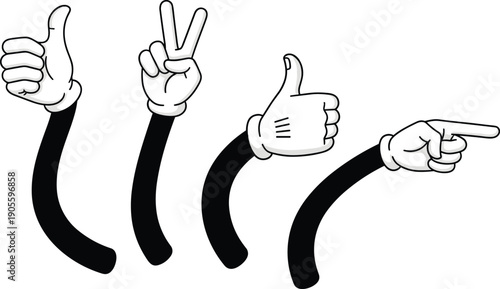 Cartoon vector illustration of expressive gloved hands showing thumbs up, peace sign, pointing gesture, playful retro style isolated on white background