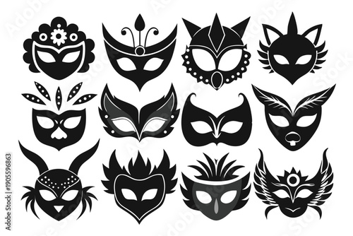 set of masquerade silhouette line art vector illustration with a white background