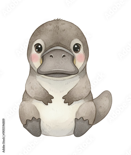 Sweet little platypus sitting facing front with a cute shy look and pink cheeks watercolor illustration