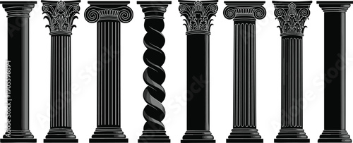 Classical architectural columns silhouettes vector illustration, Doric Ionic Corinthian composite spiral styles historic building design art history isolated structure