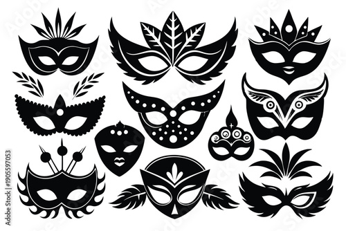 set of masquerade silhouette line art vector illustration with a white background