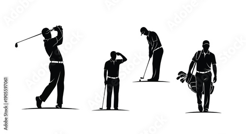 Golfers in various poses, showcasing different stages of a golf swing and game, from driving to putting, on a serene golf course, viewed from the side