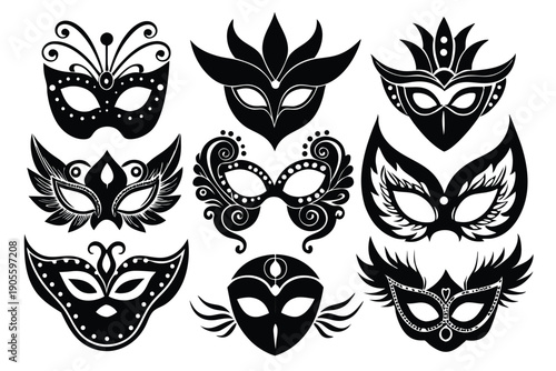 set of masquerade silhouette line art vector illustration with a white background