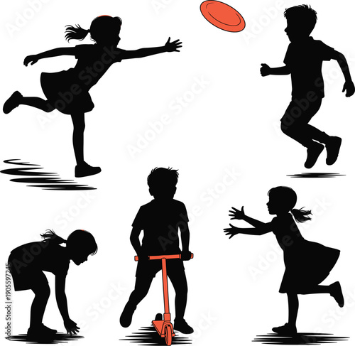Black vector silhouettes of children playing with frisbee and scooter, active kids sports and outdoor summer fun activities, white background.