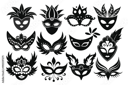 set of masquerade silhouette line art vector illustration with a white background