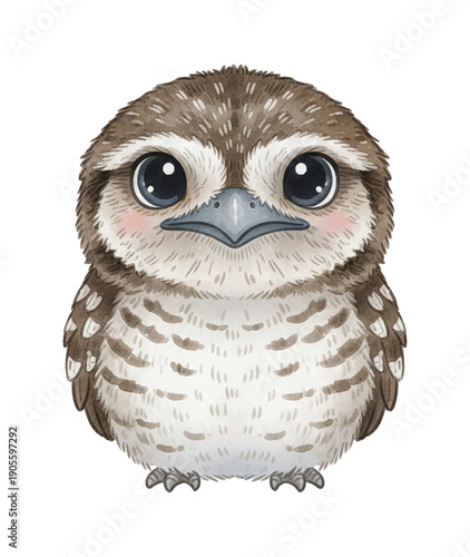 Adorable little owl looking directly with big innocent eyes and a cute expression standing still