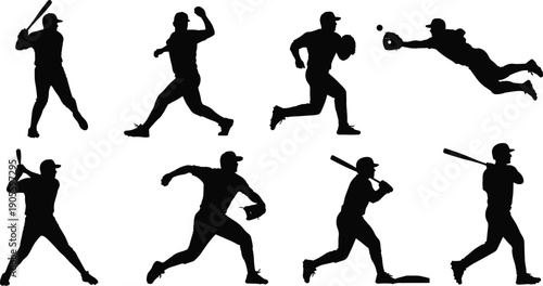 Baseball player silhouettes vector illustration, eight poses batting pitching running catching fielding dynamic sport action athlete isolated design