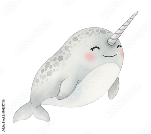 Adorable cheerful narwhal with a happy smiling expression and a long spiral horn watercolor illustration