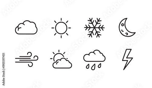 Weather Icons Collection: Sun, Snow, Moon, Wind, Rain, Lightning, Cloud - Line Art