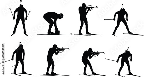 Biathlon athlete silhouettes skiing and shooting rifle winter sport vector illustration, cross-country skiing poses competition endurance precision isolated dynamic design
