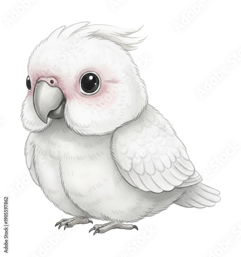 Adorable fluffy white baby cockatoo bird sitting with big innocent eyes and pink cheeks looking left cute illustration